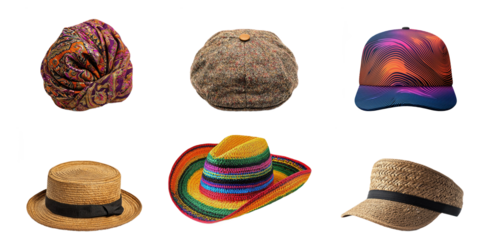 Collection of many kinds of hats isolated on white background