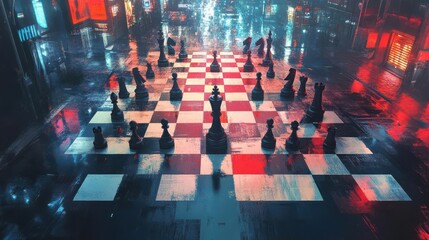 Innovative digital art illustrating a strategic chessboard from an aerial viewpoint, symbolizing astute business planning
