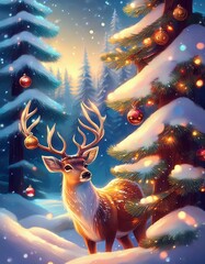 cute reindeer with antlers walking in a snowy wonderland and decorated pine forest, Christmas decorations