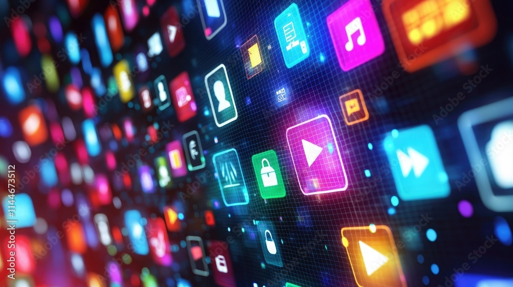 Poster lively webpage filled with vibrant icons, video play buttons, and dynamic text.