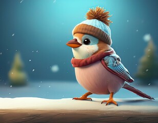 cute sparrow character wearing a winter scarf and beanie hat flapping wings in the snow with snow and blue background 
