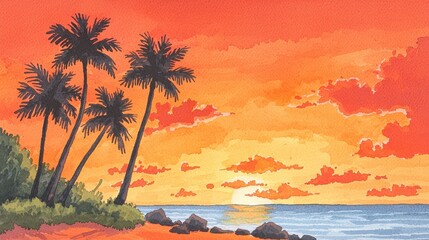 Sunset serenity over tropical beach vibrant watercolor landscape warm color palette peaceful seaside view