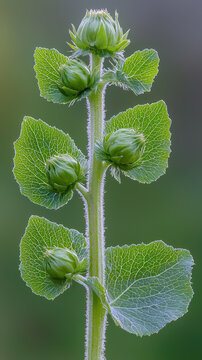 Ultra sharp photograph of burdock plant with green leaves and buds