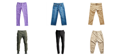 Collection of many kinds of pants isolated on white background