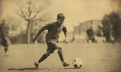 Young football players, vintage old photo, soccer game, generated ai 