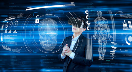 Smart business man connecting at global network by using VR glasses. Project manager accessing big data by using artificial intelligence analyzing business data and show financial chart. Ingenuity.