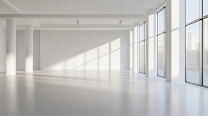 A spacious photography studio with soft light equipment and a smooth, plain background ready for use in professional photo shoots