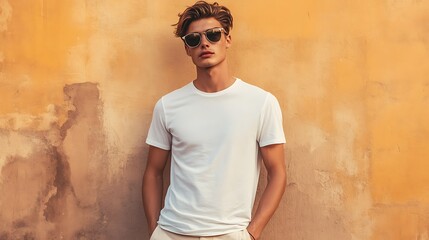 Man posing casually wide shot mockup photo against textured wall. AI Generated