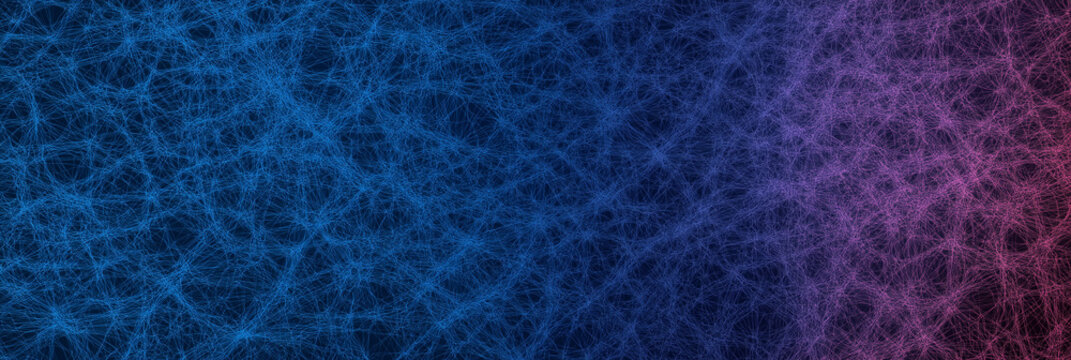 A web of blue and pink threads weaves a dreamy space, embodying fantasy and digital expressions, captivating with a blend of warm and cool colors.