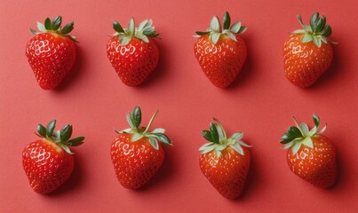 a whole view of multiple Strawberry on soft red background, view from above, editorial photography
