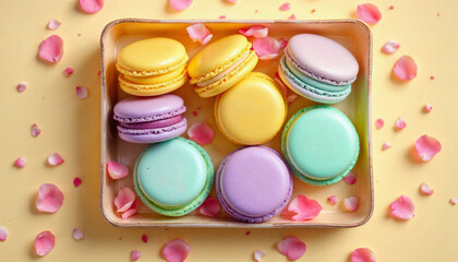 Obraz premium Pastel Macarons in a Box with Rose Petals
