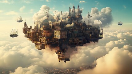 Floating Cityscape: A Digital Painting of an Aerial Town Among the Clouds. AI Generated