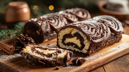 A delicious chocolate yule log cake displayed on a wooden board, perfect for festive occasions.