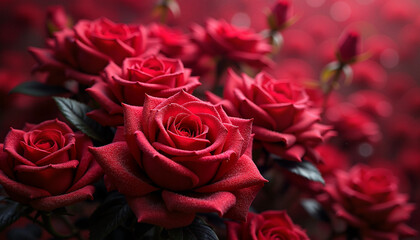 Vibrant Red Roses in Romantic Arrangement with Delicate Dewdrops