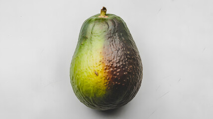 A photo of a whole avocado fruit with a slight green to black gradient, with the darker color closer