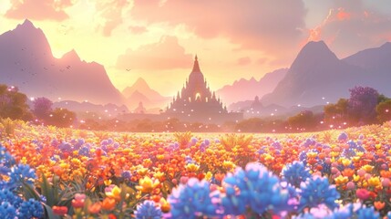 Magical sunset landscape with an ornate Buddhist temple nestled amidst a vibrant blooming flower field surrounded by majestic mountains in the distance  The scene exudes a sense of tranquility wonder