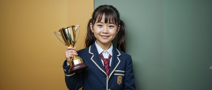 A young Asian girl in a school uniform raises her gold trophy, symbolizing achievement and recognition for her academic work.
