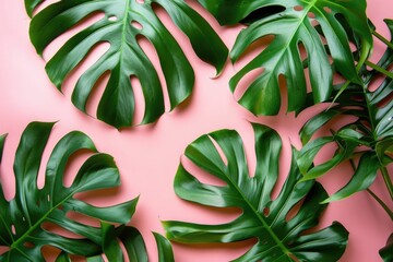 Fototapeta premium Minimal summer background with Monstera leaves and copy space.