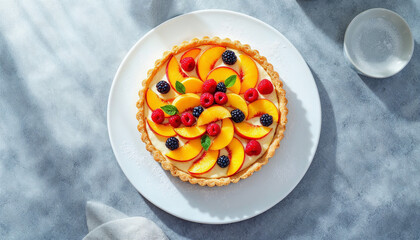 Peach and Berry Tart with Cream Filling on White Plate