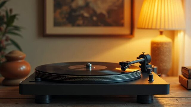 Enjoying vintage music on a turntable in a cozy room with warm lighting and decor