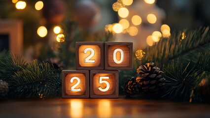 Wooden blocks with the numbers 2025, lit from within, are on snow with Christmas lights and pine branches.