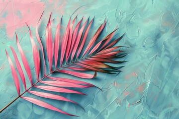 Bold pink tropical palm leaf art on turquoise background. Surreal minimalism.