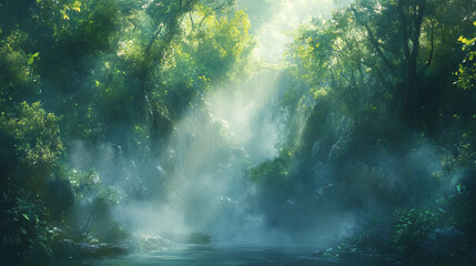Obraz premium Ethereal fog enveloping a dense forest with sunlight nature scene tranquil environment mystical atmosphere