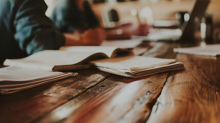 Engaged friends discussing research papers at wooden table with laptops, intimate conversation setting.