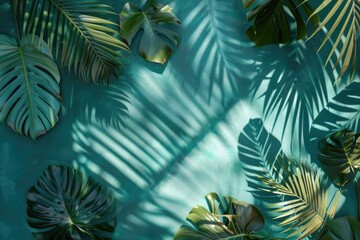 Naklejka premium Shadow background of tropical monstera and palm leaves overhead view