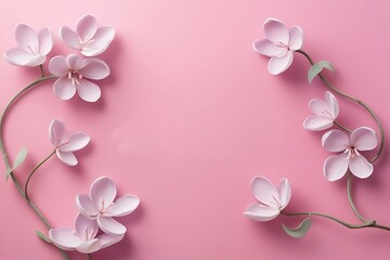 Fototapeta premium Hd wallpaper for walls beautiful design Frame of flowers, branches, leaves and petals with space for text on pink background. Flat lay, top view