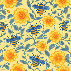 Fototapeta premium Charming Floral Bee Pattern Featuring Bright Yellow Flowers and Bees on a Soft Yellow Background for Vibrant Design Projects and Creative Endeavors