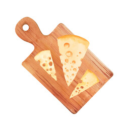 Whole piece and slices of yellow cheese with holes hand drawn watercolor illustration