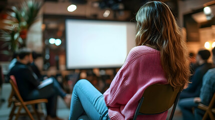 Woman in pink sweater watching a lecture in a university hall with blurred background