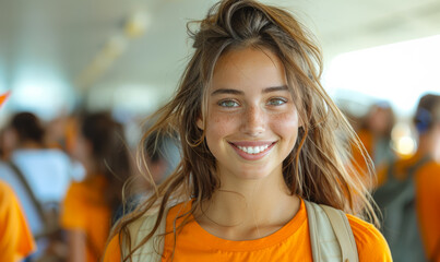 Fototapeta premium A woman with long hair and a smile on her face is wearing an orange shirt and a backpack