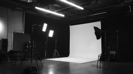 Fototapeta premium An empty studio setup with tripod-mounted lights, a clean white backdrop, and soft diffused lighting for versatile photography
