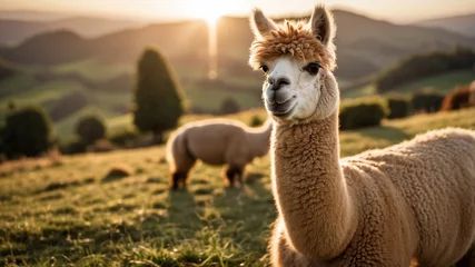 Gordijnen A curious llama standing in a lush field © ilham