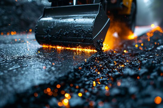A black and orange construction vehicle is digging into the road. The bright orange light on the front of the vehicle is illuminating the black gravel