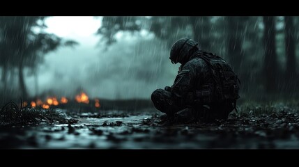 Emotional moment of an American soldier in the rain during a difficult situation