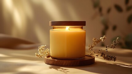 A candle is lit in a glass jar with a wooden lid