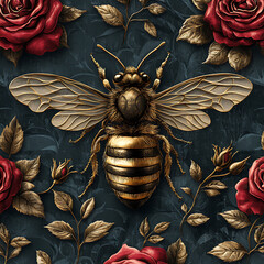 Intricate Illustration of a Golden Bee Surrounded by Lush Red Roses and Leaves on a Dark Decorative Background, Perfect for Nature and Floral Themes