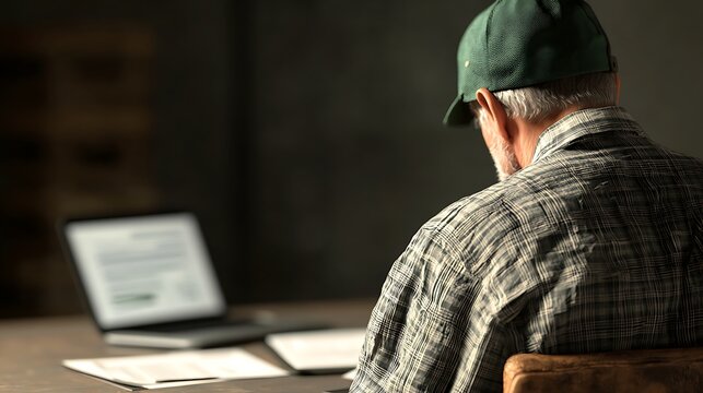 A man in a cap and plaid shirt sits at a table, focused on a laptop while papers lay nearby in a dimly lit room.