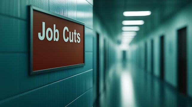 A sign marked "Job Cuts" in a dimly lit corridor, suggesting a serious atmosphere related to employment and organizational changes.