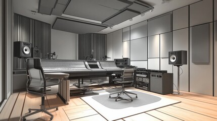 Draft plans for a music recording studio with soundproof walls, ergonomic furniture, and high-quality sound engineering equipment