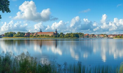 Fototapeta premium Frederiksborg Castle, in the town of Hillered on Lake Slotsse. Panorama. Denmark. XVI century. Copenhagen, Denmark, Europe