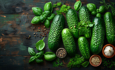 A bunch of green cucumbers are displayed on a wooden table with some herbs and spices. The table is set for a meal, and the cucumbers are the main focus of the image