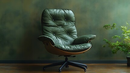 A green leather chair with a plant in front of it