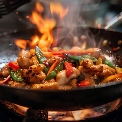 Fresh and Flavorful Stir-Fry Cooking Over Open Flame - Hot Wok with Colorful Vegetables and Herbs