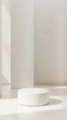 Minimal podium for product display in bright, neutral setting. clean lines and soft shadows create serene atmosphere