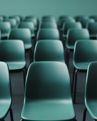 Obraz premium A symmetrical arrangement of teal chairs creates a minimalist and calming atmosphere, suggesting a space for gatherings or meetings.