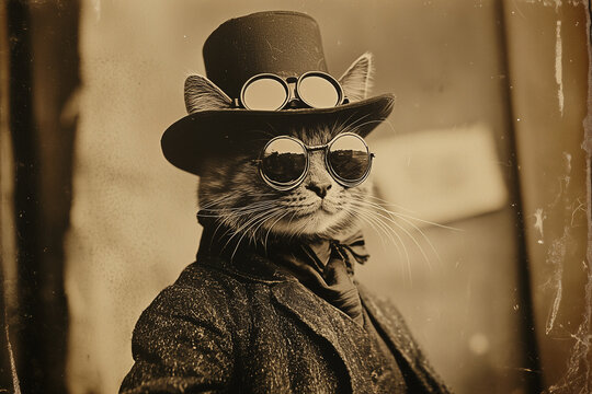 Vintage anthrompomorphic portrait of a steampunk cat wearing a suit, top hat and glasses.